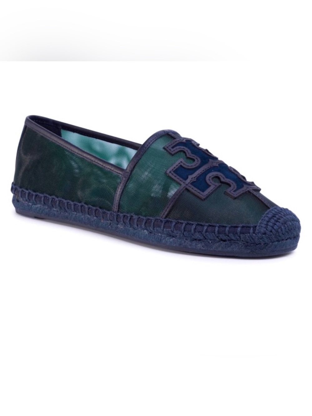 NEW Tory Burch Ines Mesh Leather Espadrille Slip On Shoe Malachite Perfect Navy